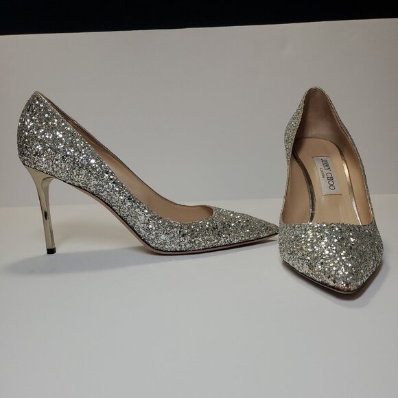 Jimmy Choo Romy Stilletto 85/100mm Champagne Glitter Pointed-Toe Pump - Picture 8 of 16